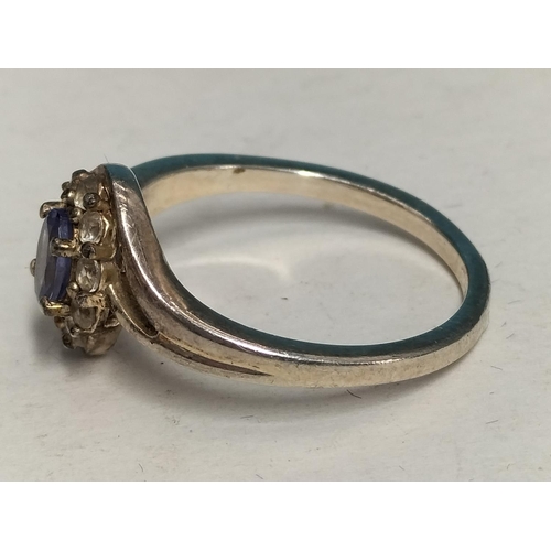 425 - Silver 925, Blue Stone and Cubic Zirconia Design Ring. Size R.