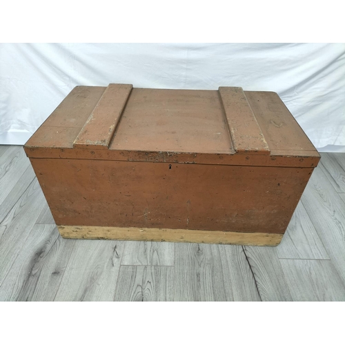 435 - Wooden Hinged Lid Trunk with Metal Side Handles. 43cm High, 85cm x 49cm. Some Damage to Back. Collec... 