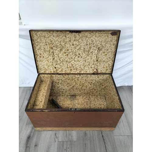 435 - Wooden Hinged Lid Trunk with Metal Side Handles. 43cm High, 85cm x 49cm. Some Damage to Back. Collec... 