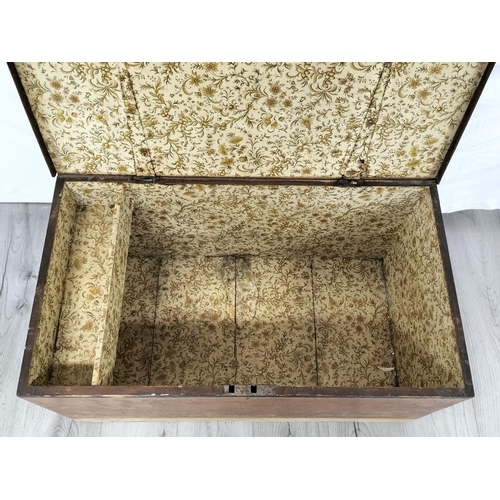 435 - Wooden Hinged Lid Trunk with Metal Side Handles. 43cm High, 85cm x 49cm. Some Damage to Back. Collec... 