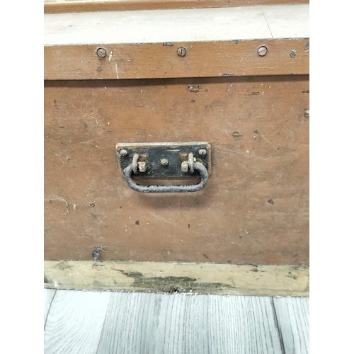 435 - Wooden Hinged Lid Trunk with Metal Side Handles. 43cm High, 85cm x 49cm. Some Damage to Back. Collec... 