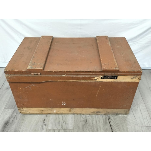 435 - Wooden Hinged Lid Trunk with Metal Side Handles. 43cm High, 85cm x 49cm. Some Damage to Back. Collec... 