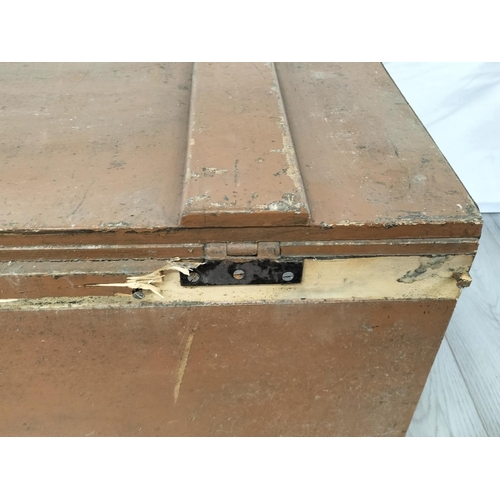 435 - Wooden Hinged Lid Trunk with Metal Side Handles. 43cm High, 85cm x 49cm. Some Damage to Back. Collec... 