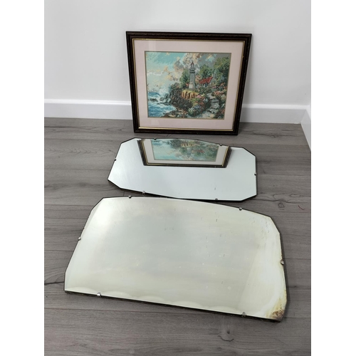 439 - Shaped Bevel Edged Mirrors (2) plus Framed Thomas Kinkade Cross Stitch Picture. Largest Mirror 69cm ... 