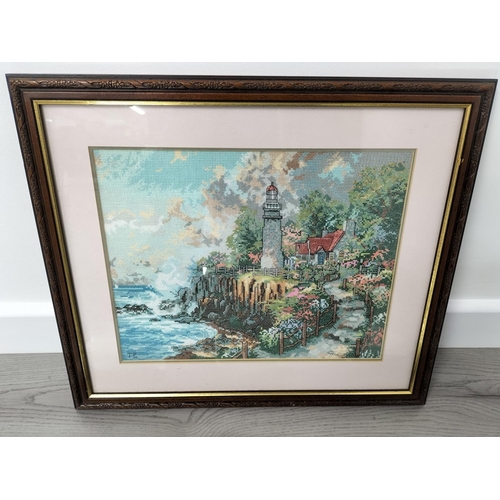 439 - Shaped Bevel Edged Mirrors (2) plus Framed Thomas Kinkade Cross Stitch Picture. Largest Mirror 69cm ... 