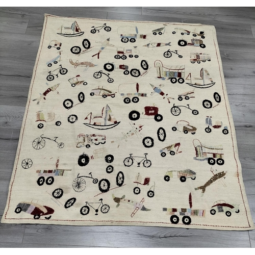 441 - Floor Rug with Hand Stitched Transport Vehicles, Boats, Planes, etc. 156cm x 189cm.