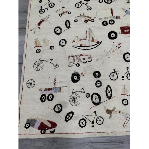 441 - Floor Rug with Hand Stitched Transport Vehicles, Boats, Planes, etc. 156cm x 189cm.