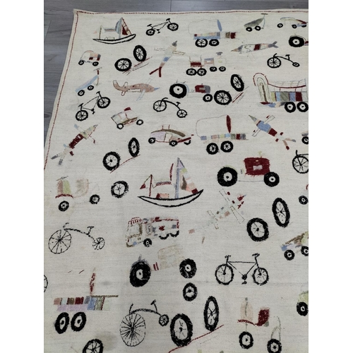 441 - Floor Rug with Hand Stitched Transport Vehicles, Boats, Planes, etc. 156cm x 189cm.