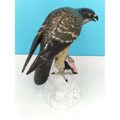 102 - Large Continental Porcelain Figure of a Peregrine Falcon. 24cm High, 23cm x 11cm. Restoration to Win... 