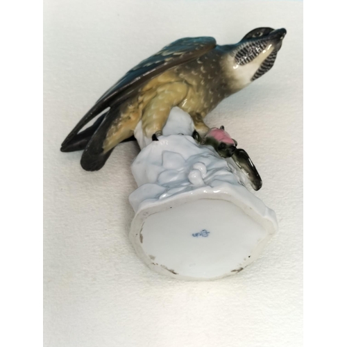 102 - Large Continental Porcelain Figure of a Peregrine Falcon. 24cm High, 23cm x 11cm. Restoration to Win... 