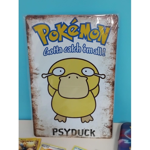 30 - Quantity of Pokemon Trading Cards in Pokemon Tin plus Tin Sign. 30cm x 20cm.