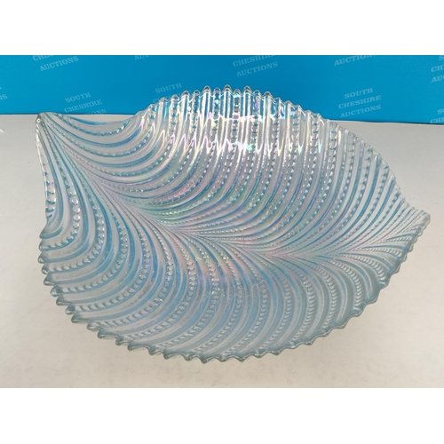 371 - Iridescent Glass Leaf Shaped Centrepiece Bowl. 13cm High, 38cm x 37cm.