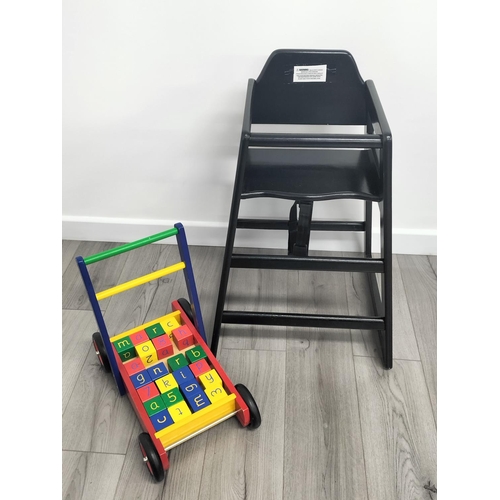 372 - Wooden Bambino High Chair plus a Tido Baby Walker with Blocks. Collection Only.