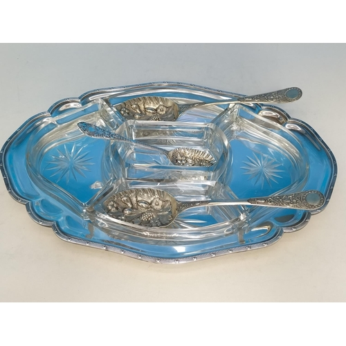383 - Silver Plated A1 and Glass Harrods (London) Hors D'Oeuvres Dish (38 x 27cms), Berry Spoons (3) and 1... 