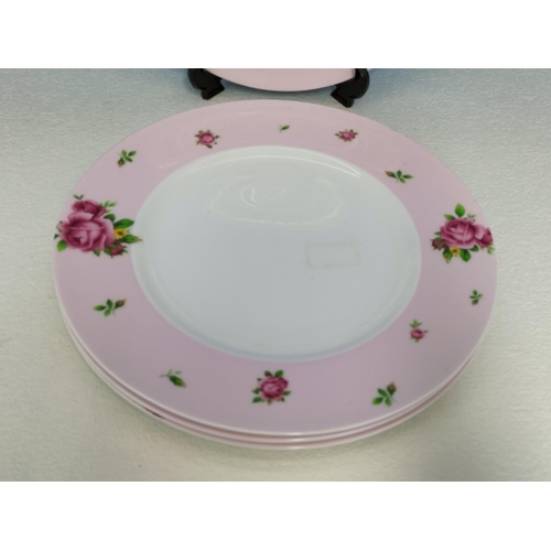 384 - Royal Albert 27cm Dinner Plates (4) in the 'New Country Roses' Pattern with Pink Rim.