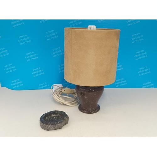 404 - Speckled Serpentine Stone 31cm Table Lamp W/O pus Polished Stone Matching Trinket Dish