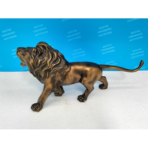 405 - Plastic Bronze Effect Lion Figure plus Hand Carved Oak Tiger Figure. Largest 23cm High x 42cm.