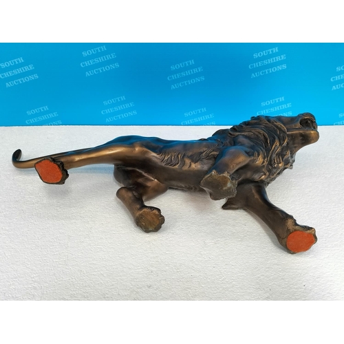 405 - Plastic Bronze Effect Lion Figure plus Hand Carved Oak Tiger Figure. Largest 23cm High x 42cm.