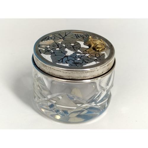 124 - Harman Bros Sterling Silver Frog Topped Cut Glass Pot.  Silver Weight 10.85 Grams. 4cm High, 5cm Dia... 