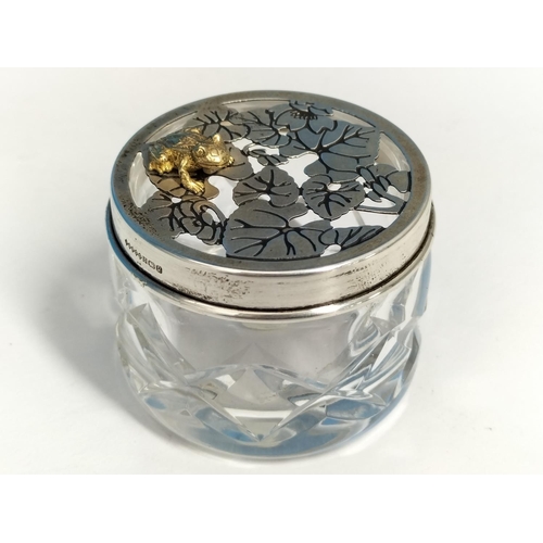 124 - Harman Bros Sterling Silver Frog Topped Cut Glass Pot.  Silver Weight 10.85 Grams. 4cm High, 5cm Dia... 