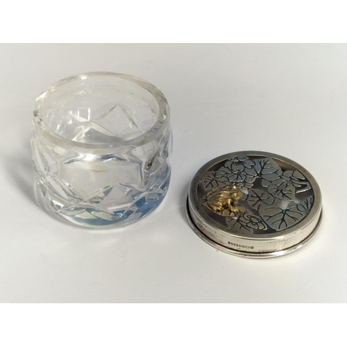 124 - Harman Bros Sterling Silver Frog Topped Cut Glass Pot.  Silver Weight 10.85 Grams. 4cm High, 5cm Dia... 