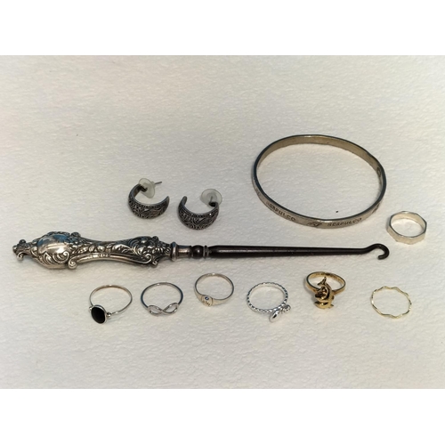 150 - Collection of 925 Rings, Earrings and Bangle plus a Silver Handled Button Hook.