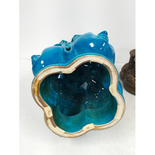 273 - Large Buddha Design Blue Ceramic Statue on Plinth. 75cm High. Collection Only.