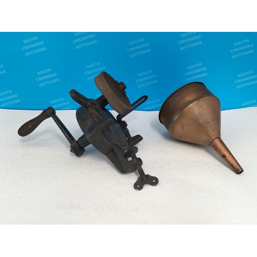 285 - Bench Mount Cast Iron Hand Crank Knife Sharpener/Grinder. plus Copper Funnel.