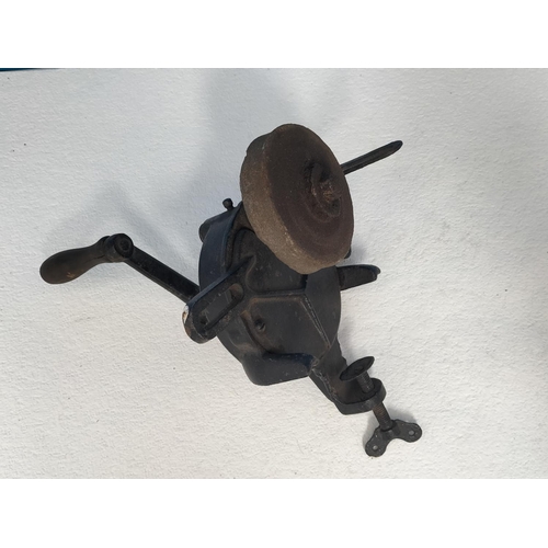 285 - Bench Mount Cast Iron Hand Crank Knife Sharpener/Grinder. plus Copper Funnel.