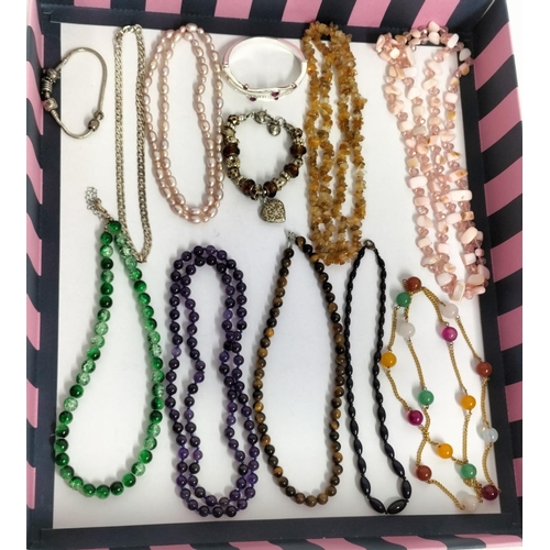 135 - Collection of Mixed Costume Jewellery to include Tigers Eye Bead Necklace, Pearl Necklace, Charm Bra... 