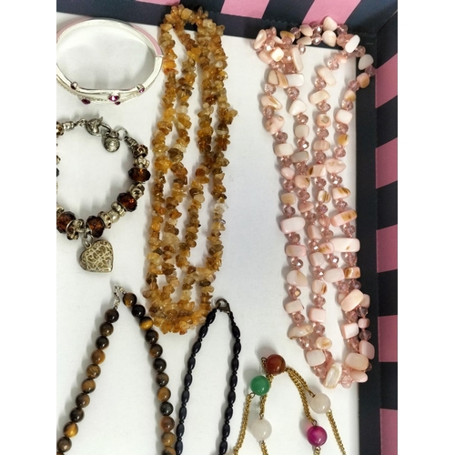 135 - Collection of Mixed Costume Jewellery to include Tigers Eye Bead Necklace, Pearl Necklace, Charm Bra... 
