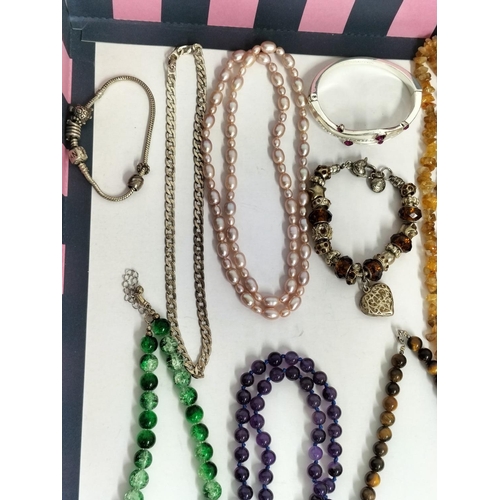 135 - Collection of Mixed Costume Jewellery to include Tigers Eye Bead Necklace, Pearl Necklace, Charm Bra... 