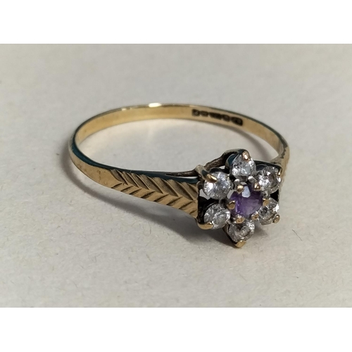 149 - 9ct Gold 375, Amethyst and Cubic Zirconia Stone Ring Size N. Weight 1 Gram.