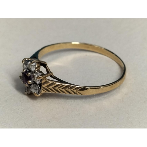 149 - 9ct Gold 375, Amethyst and Cubic Zirconia Stone Ring Size N. Weight 1 Gram.