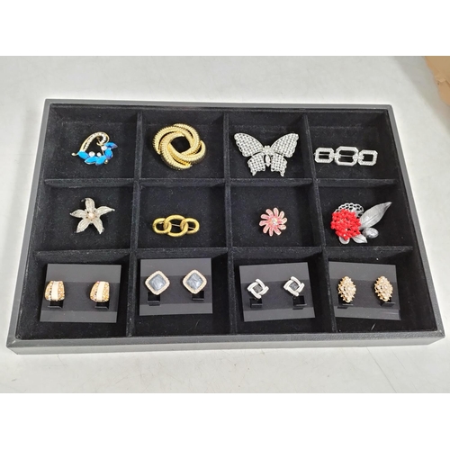 152 - Tray of Mixed Brooches and Clip on Earrings. Tray Size 3.5cm High, 35cm x 24cm.