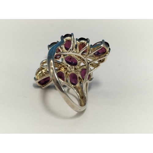 160 - 925 Silver and Ruby Coloured Cubic Zirconia Cluster Ring. Size N. Boxed.