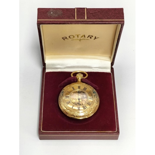 161 - Boxed Gold Coloured Rotary Half Hunter Pocket Watch. W/O