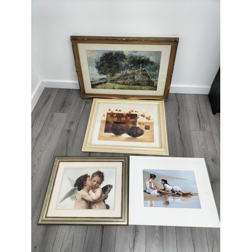 294 - Assorted Prints (4) to include Framed Cherubs 'First Kiss', Cottage by W.J.Hann, Modern Print and Un... 