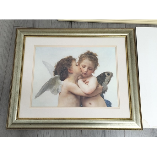 294 - Assorted Prints (4) to include Framed Cherubs 'First Kiss', Cottage by W.J.Hann, Modern Print and Un... 