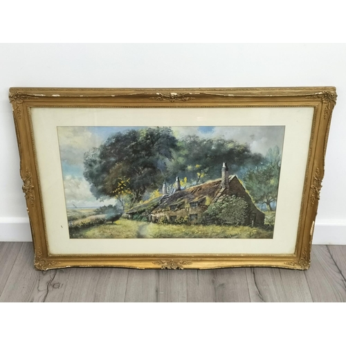 294 - Assorted Prints (4) to include Framed Cherubs 'First Kiss', Cottage by W.J.Hann, Modern Print and Un... 