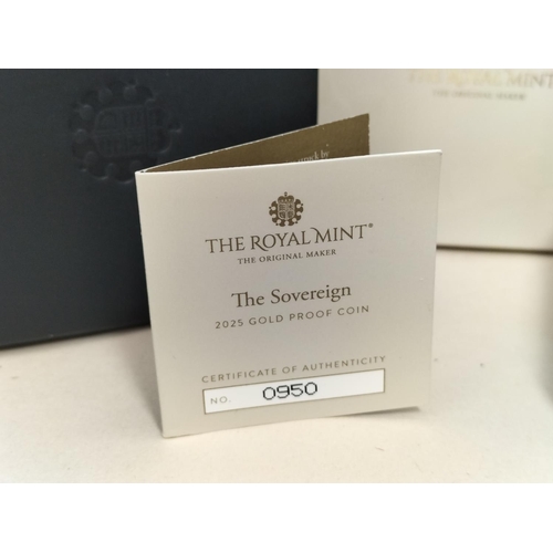 167 - Royal Mint 2025 Charles III Gold Proof Full Sovereign, Royal Arms to Reverse. Number 950 of 5000. We... 
