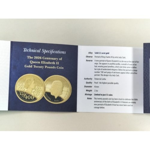 168 - Rare Hatton's of London 2026 King Charles III Tristan Da Cunha 22ct Gold Twenty Pound Coin '100th An... 