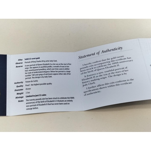 168 - Rare Hatton's of London 2026 King Charles III Tristan Da Cunha 22ct Gold Twenty Pound Coin '100th An... 