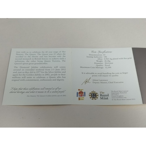 169 - Royal Mint 2012 Silver 925 Gold Plated Five Pound Coin 'Queen's Diamond Jubilee'. Maximum Mintage 12... 