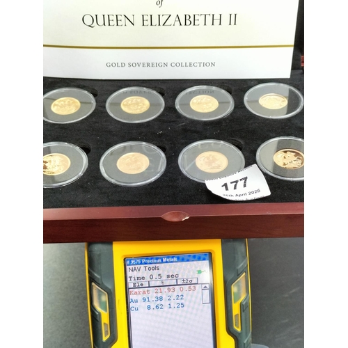 177 - Westminster Collection Boxed Set of Eight Full 22ct Gold Sovereigns 'The Seven Decades of Elizabeth ... 