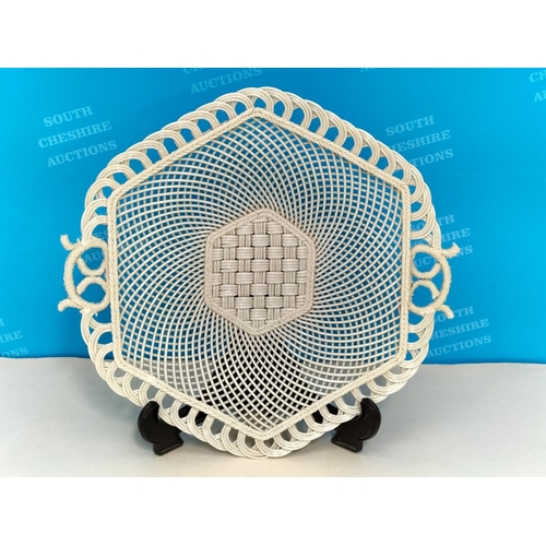 289 - Belleek Irish Porcelain Basket Weave Hexagonal Shaped Cake Plate/Dish 28cm Diameter.