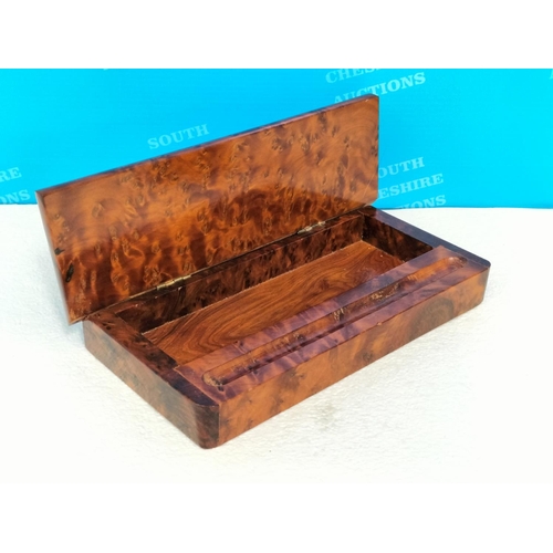 47 - Early 20th Century Burr Walnut Stationery Box and Pen Holder. Box 4cm High, 20cm x 10cm.