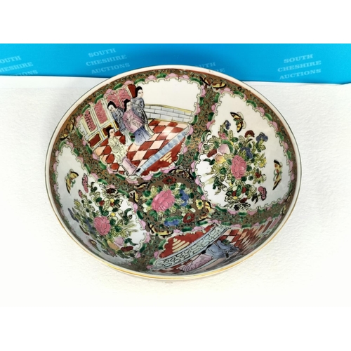 15 - Chinese 1950's Export Ware Famille Rose Bowl with Hand Painted Panels Depicting Figures & Butterflie... 
