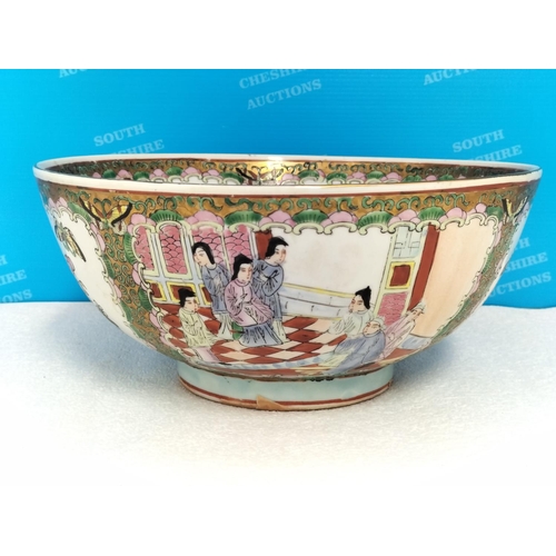 15 - Chinese 1950's Export Ware Famille Rose Bowl with Hand Painted Panels Depicting Figures & Butterflie... 