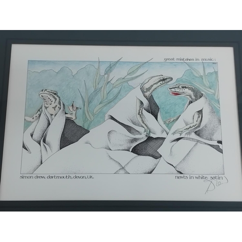 249 - Framed and Mounted Simon Drew 'Great Mistakes in Music' Prints (2), 'Poultry in Motion' and 'Newts i... 